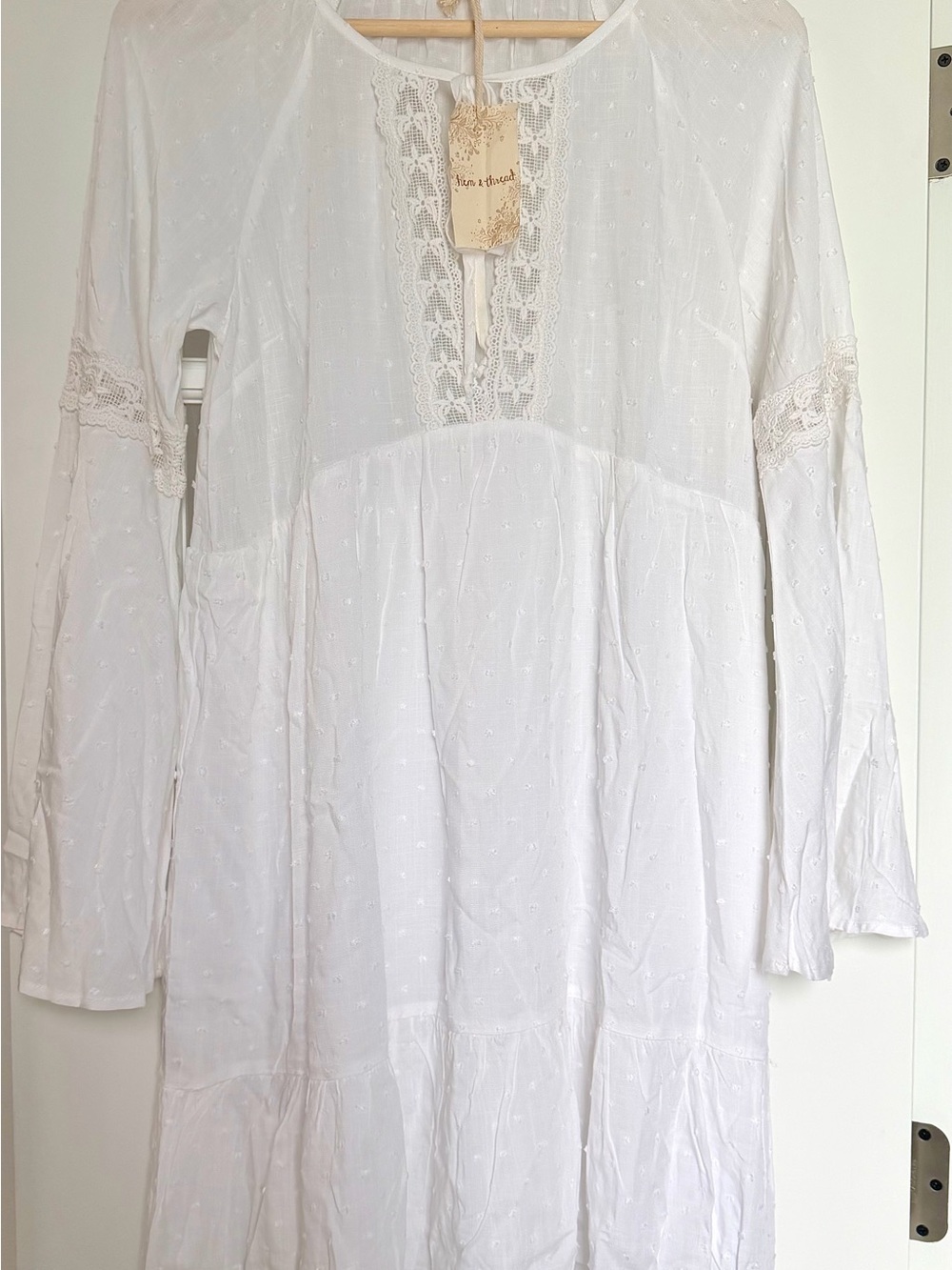 Hem & Thread White Long Sleeve Lace-Trim Dress